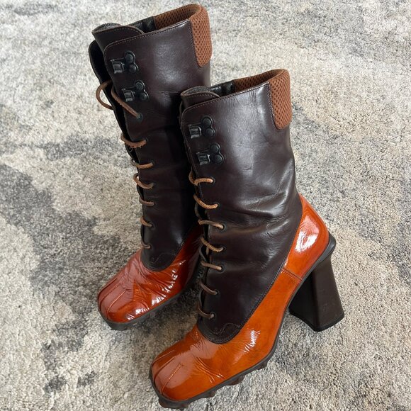 (SOLD) Miu Miu FW 1999 brown and orange patent leather heels high boots - Picture 1 of 9